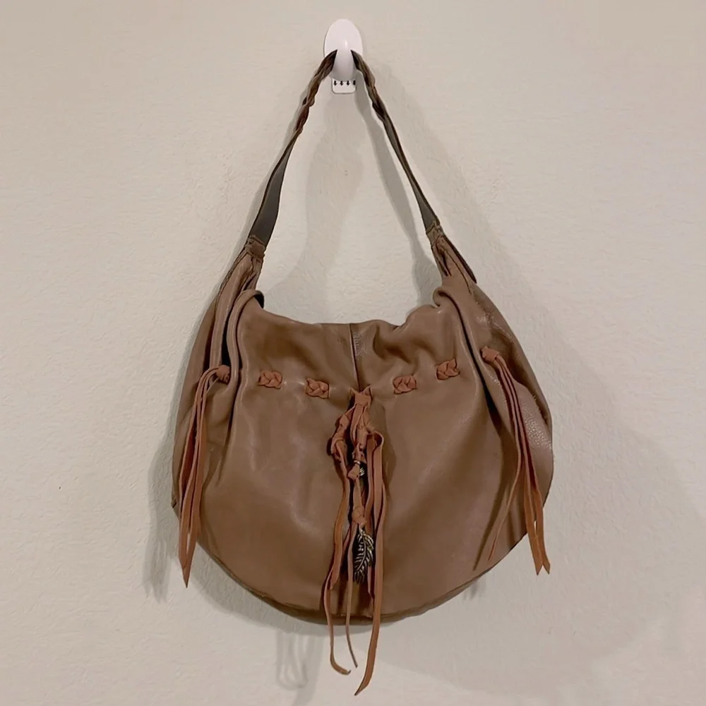 Lucky Brand Women Tote Bag Brown Leather Tassel Fringe Bohemian Coastal Cowgirl